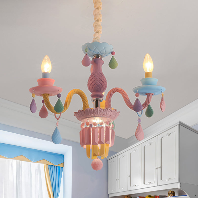 Girls Bedroom Pendant Lighting: Kids Crystal Chandelier With Curved Arm - Pink 3/5/6-Bulb Option 3 /