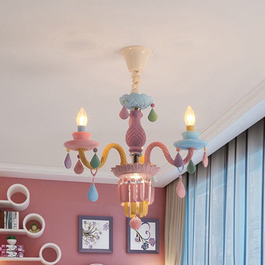 Girls Bedroom Pendant Lighting: Kids Crystal Chandelier With Curved Arm - Pink 3/5/6-Bulb Option