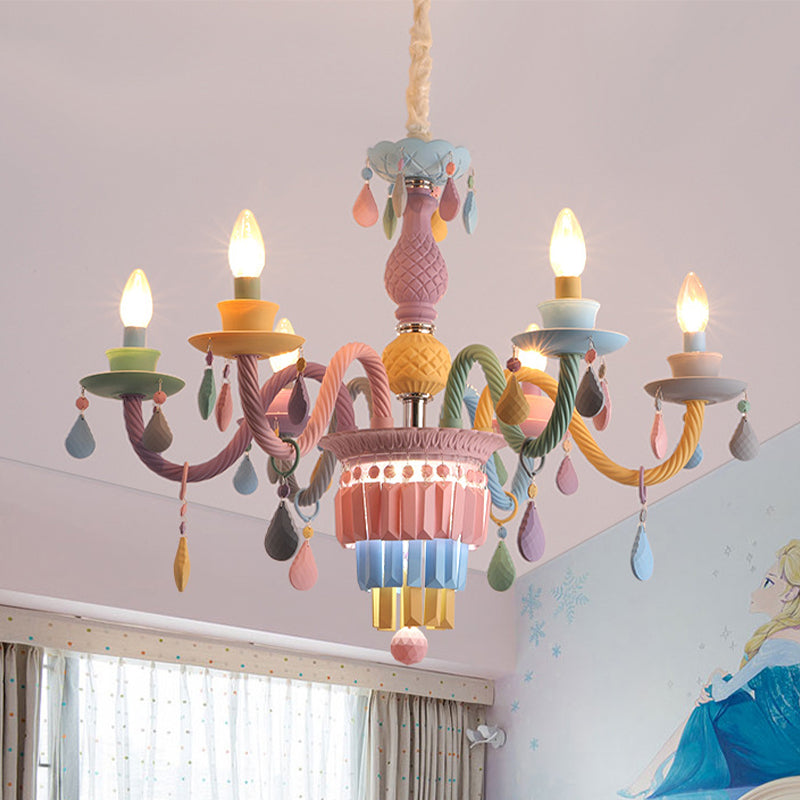 Girls Bedroom Pendant Lighting: Kids Crystal Chandelier With Curved Arm - Pink 3/5/6-Bulb Option