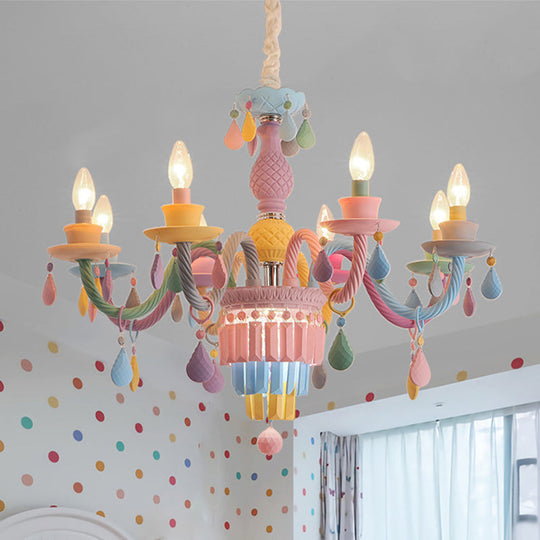 Girls Bedroom Pendant Lighting: Kids Crystal Chandelier With Curved Arm - Pink 3/5/6-Bulb Option 8 /