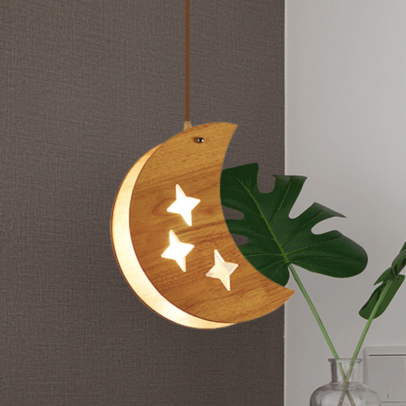 Suspended Wood Panel Pendant Light With Star/Moon Design - Beige Shade For Restaurants / Moon