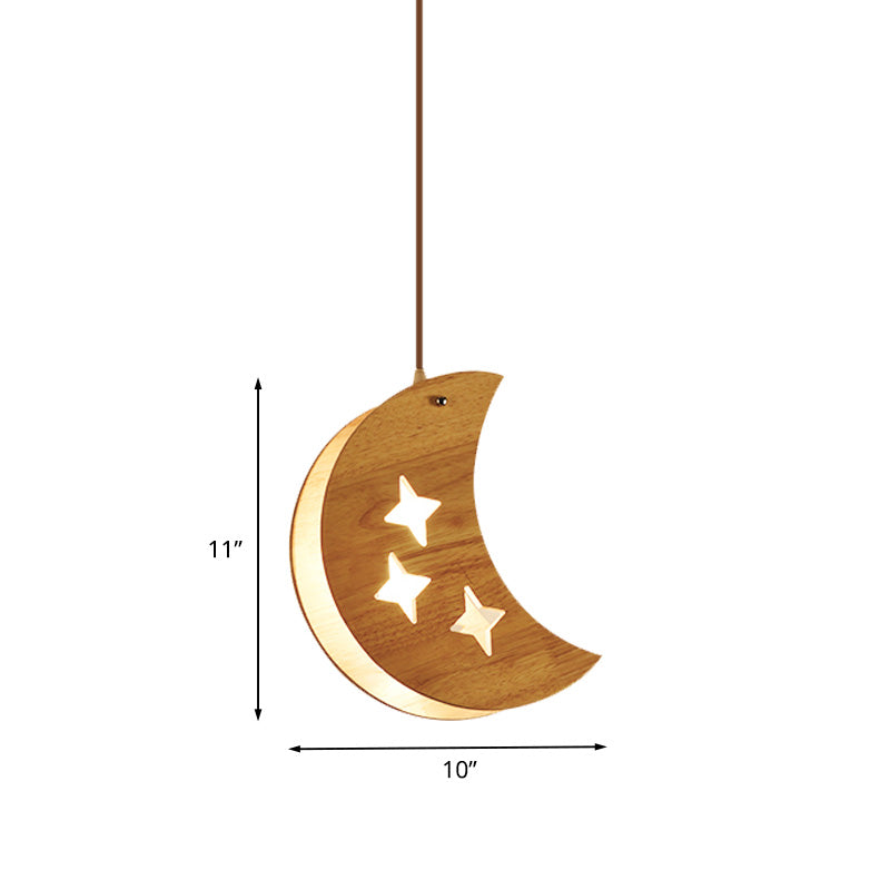 Suspended Wood Panel Pendant Light With Star/Moon Design - Beige Shade For Restaurants