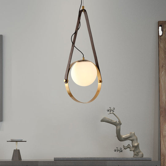 Modernist Gold Ring Suspension Light - Metal Hanging Ceiling Lamp With Belt Detail