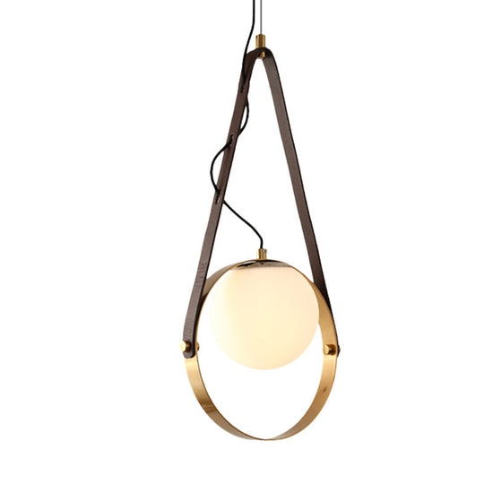 Modernist Gold Ring Suspension Light - Metal Hanging Ceiling Lamp With Belt Detail