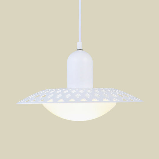 Modern White Finish Pendant Ceiling Lamp With Dome Acrylic Shade Hollowed Dosa Design 1 Head Metal
