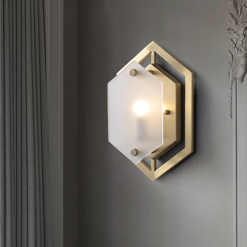 Hexagon Sconce Lighting: Postmodern Metallic 1-Bulb Brass Wall Lamp With Translucent Glass Shade