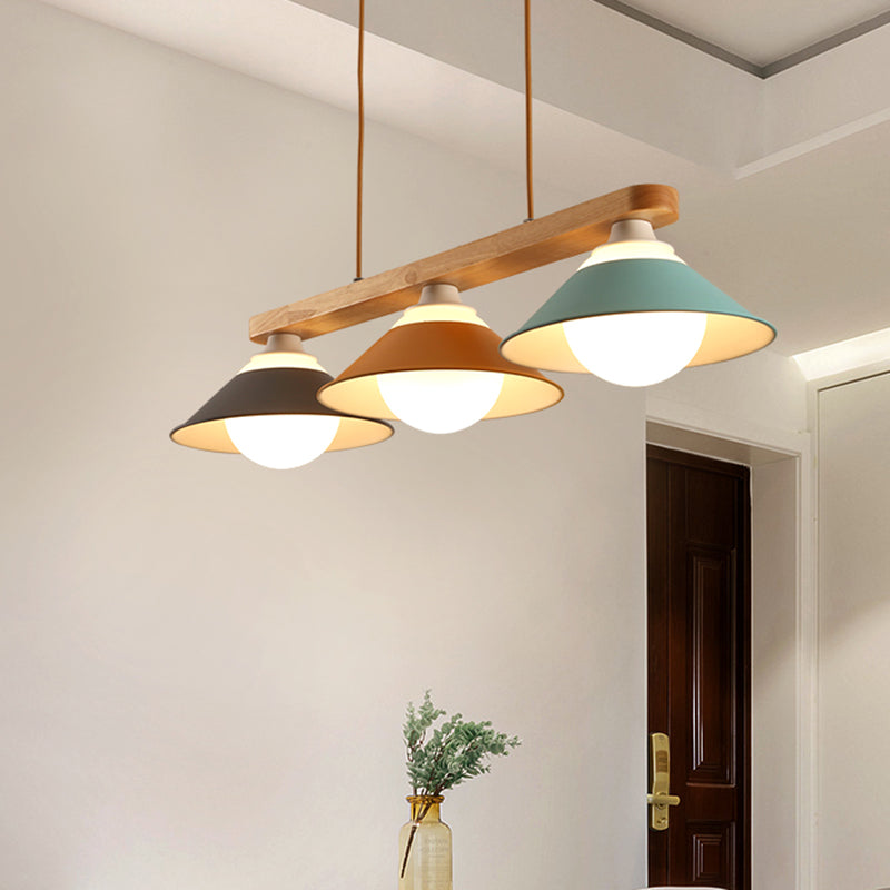 Modern 3-Light Island Pendant With Wood Accent In Blue Grey And Yellow Tones Blue-Grey-Yellow