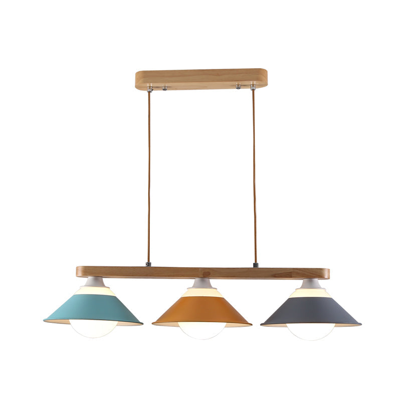 Modern 3-Light Island Pendant With Wood Accent In Blue Grey And Yellow Tones