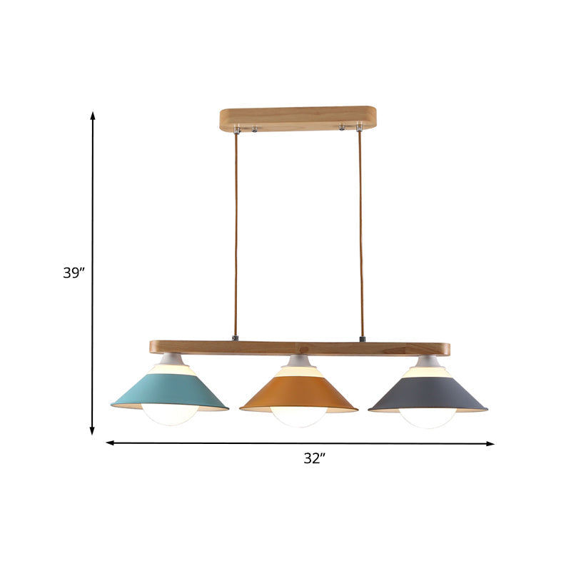 Modern 3-Light Island Pendant With Wood Accent In Blue Grey And Yellow Tones