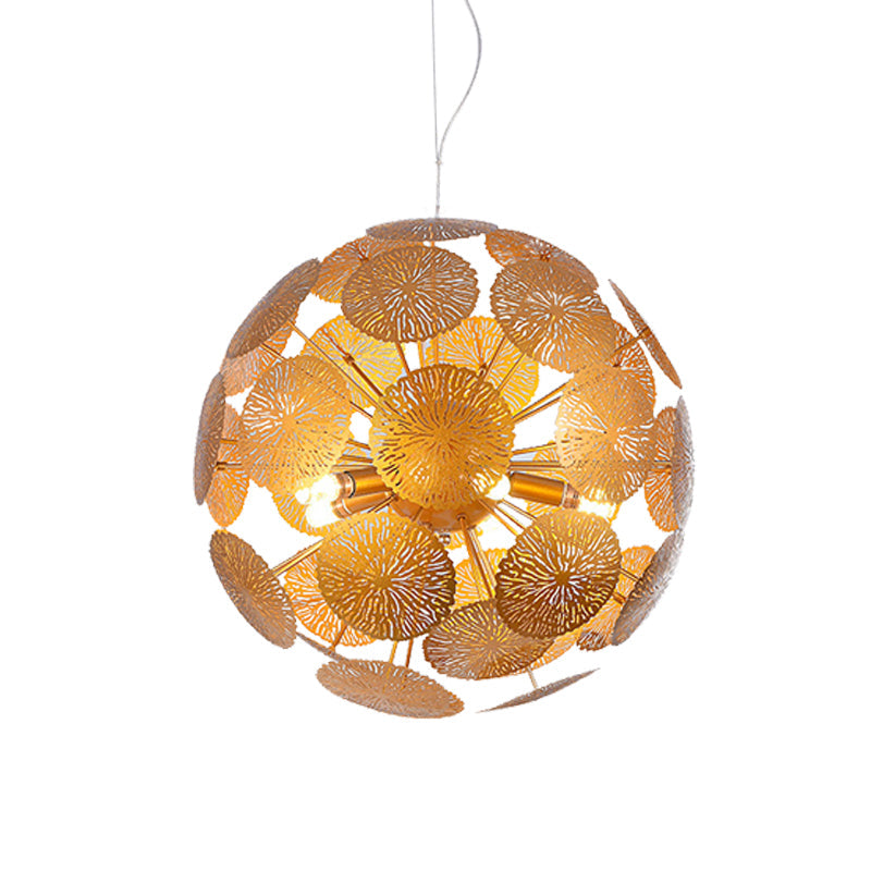 Postmodern Gold Lotus Leaf Chandelier Pendant Light with Globe Design - 5-Head Metal Fixture
