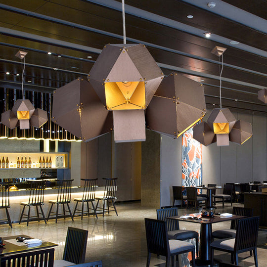 Modern Aluminum 3-Light Polyhedron Chandelier Pendant Lamp in Coffee for Restaurants