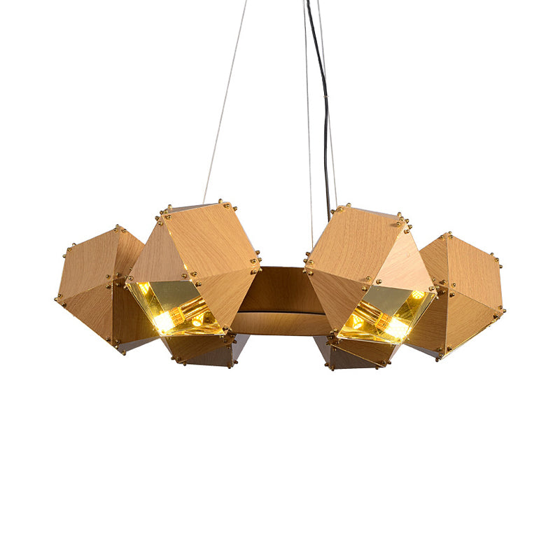 Modernist Dark Wood Polyhedron Chandelier With 6 Metallic Heads - Ceiling Pendant Lamp For