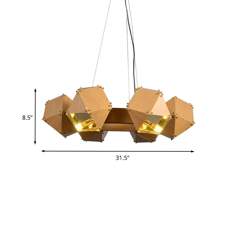 Modernist 6-Head Polyhedron Chandelier: Metallic Pendant Lamp, Dark Wood Finish
