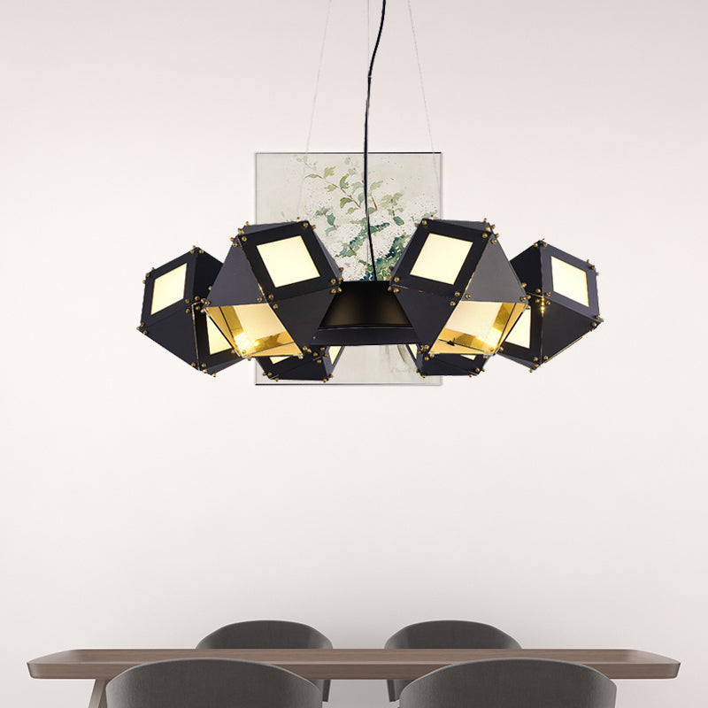 Black Polyhedron Hanging Chandelier - Modern 6-Light Metallic Ceiling Lamp for Restaurants
