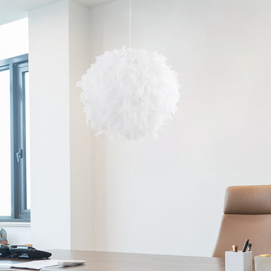 Modern White Feather Ball Fabric Shade Pendant Light For Bedroom Ceiling With 3/4 Lights