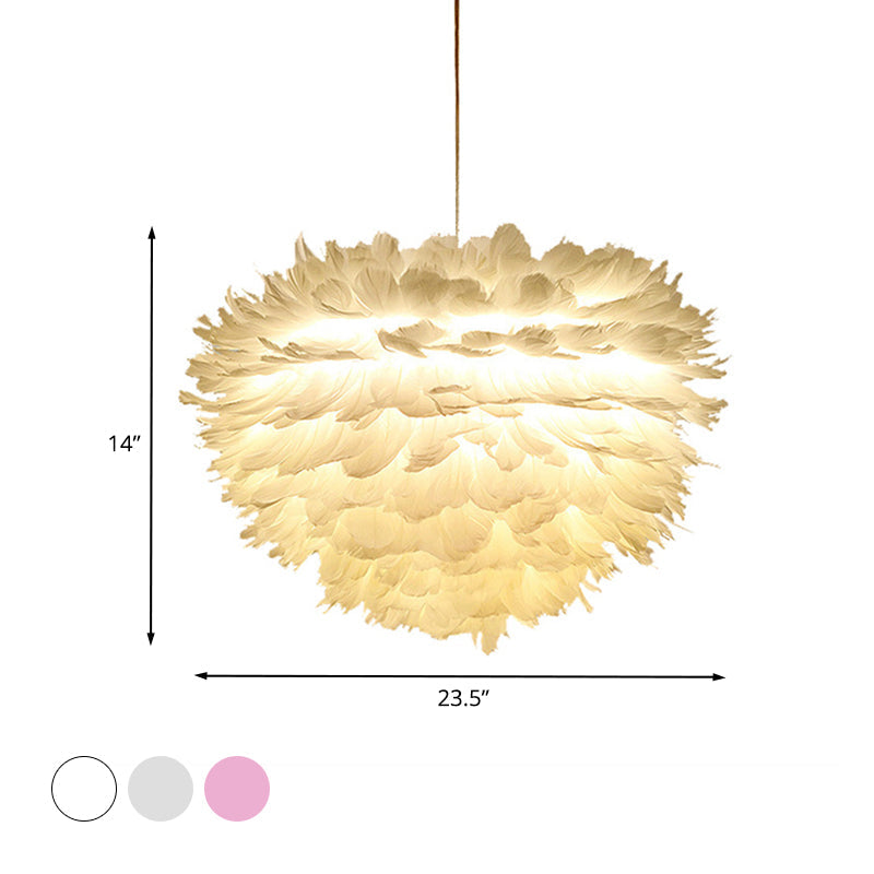 Feather Hanging Chandelier in White/Grey/Pink for Modern Bedroom Lighting - Fabric, 4-Light Ceiling Fixture
