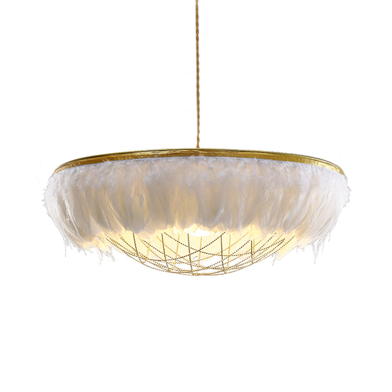 Modern Dome Cage Metallic Chandelier: Gold 2-Bulb Ceiling Lamp with Feather Deco - White, Grey, Pink