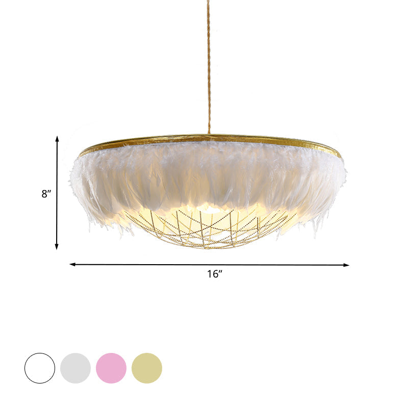 Modern Dome Cage Metallic Chandelier: Gold 2-Bulb Ceiling Lamp with Feather Deco - White, Grey, Pink
