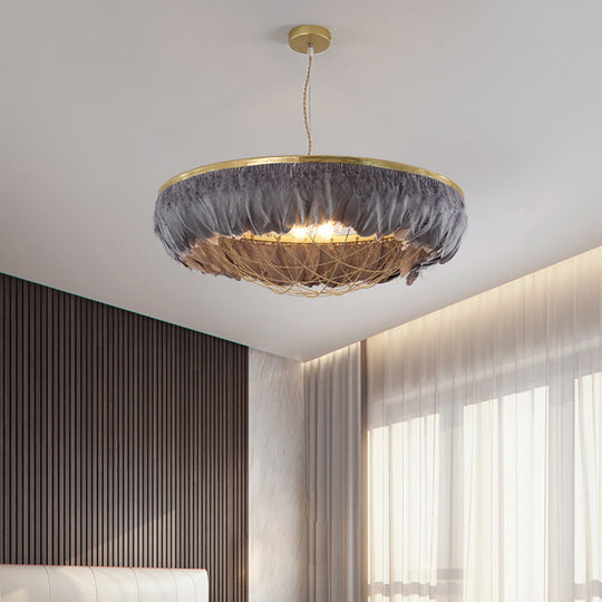 Modern Metallic Chandelier With Feather Deco - 2 Bulbs Gold Finish Grey