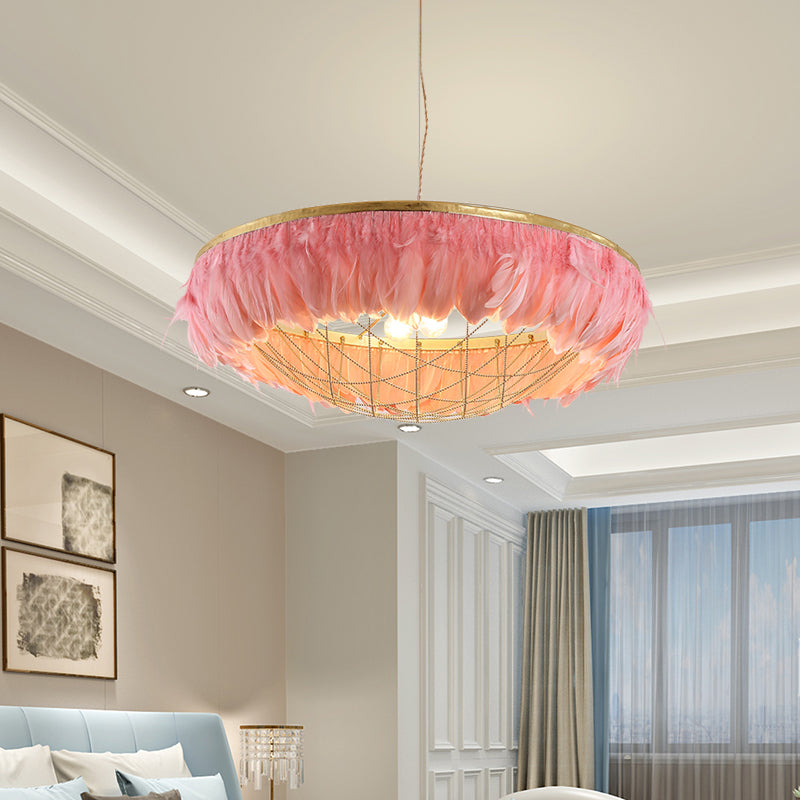 Modern Metallic Chandelier With Feather Deco - 2 Bulbs Gold Finish Pink