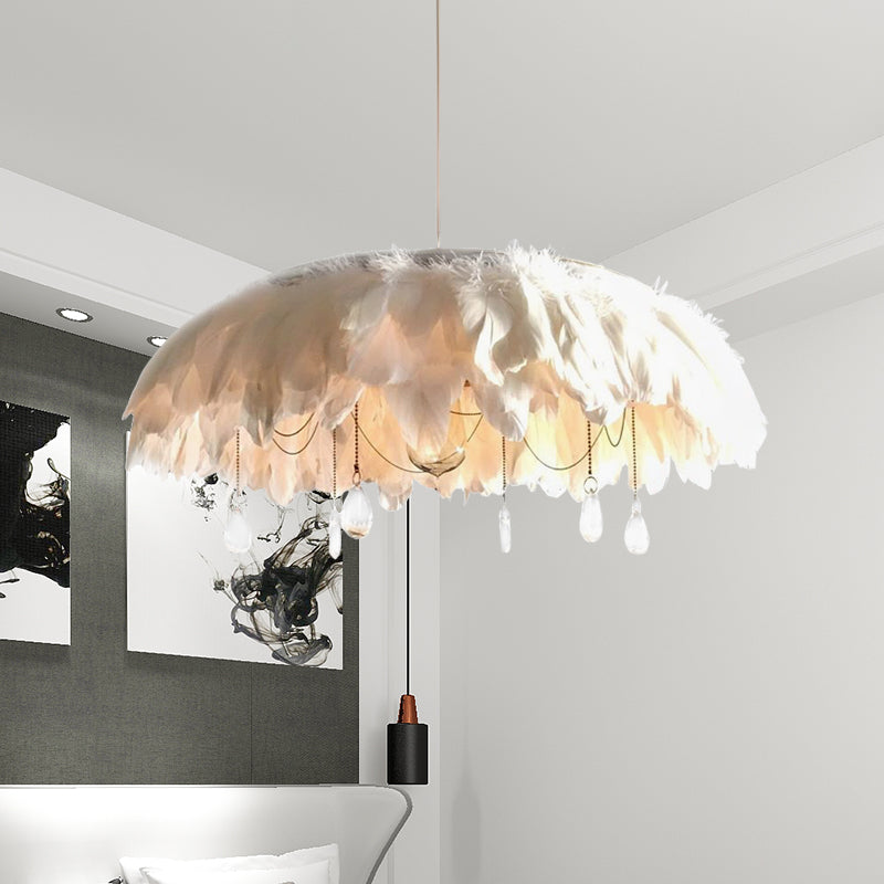 Modern Feather Hanging Lamp: White Fabric Pendant with Crystal Drop