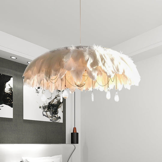 Feather Hanging Lamp: Modern 1-Head Fabric Pendant With Crystal Drop For Living Room (White) White