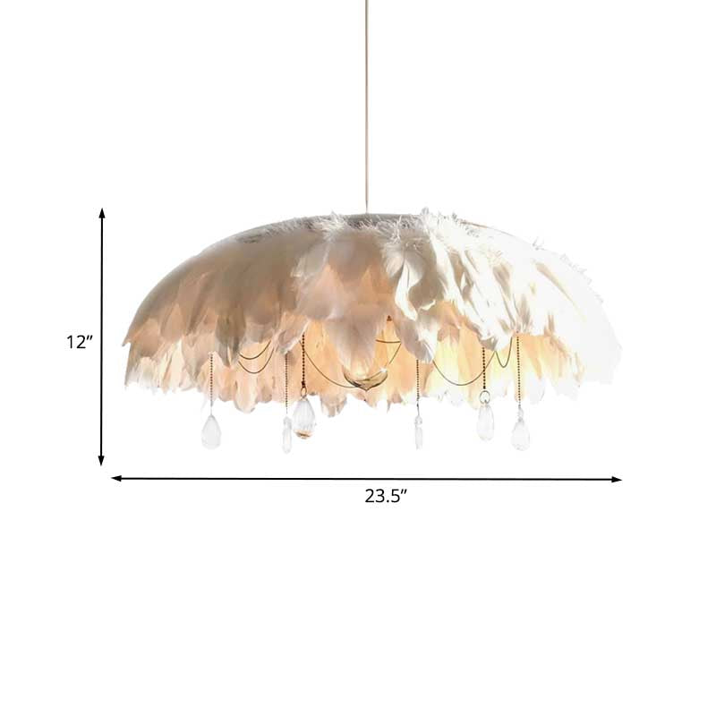 Feather Hanging Lamp: Modern 1-Head Fabric Pendant With Crystal Drop For Living Room (White)