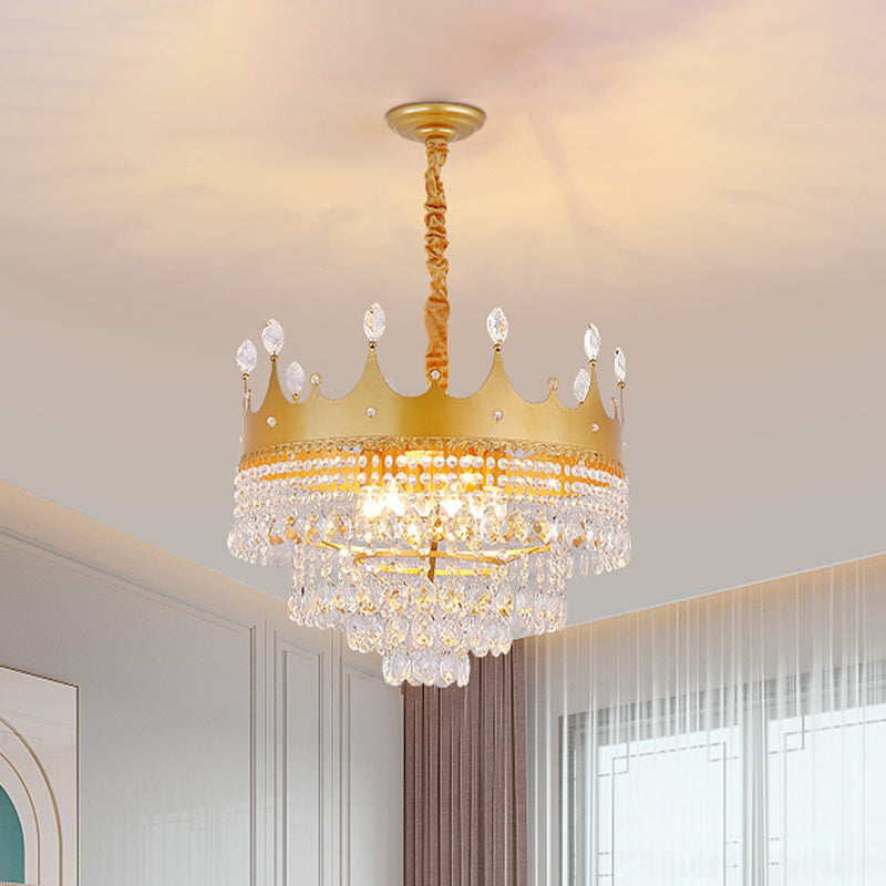 Gold Crown Chandelier: Metallic Kids Pendant Light With Crystal Drops
