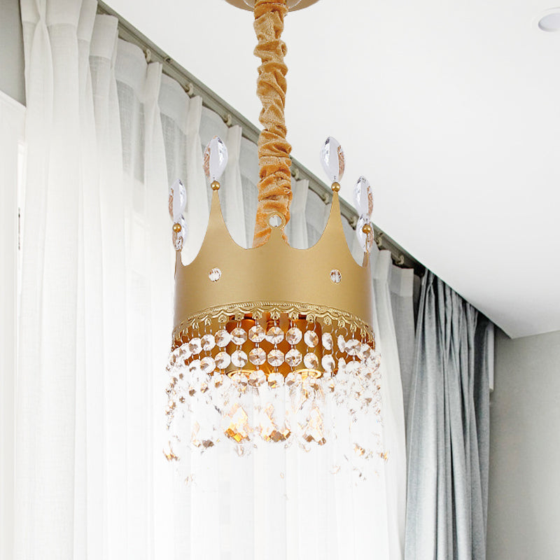 Gold Crown Chandelier: Metallic Kids Pendant Light With Crystal Drops 2 /