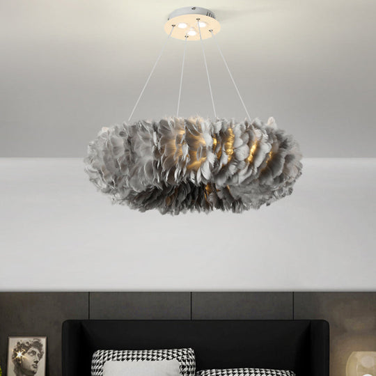 Modern Feather Suspended Pendant Lamp - Loop Chandelier, 3/6-Light, White/Grey/Pink
