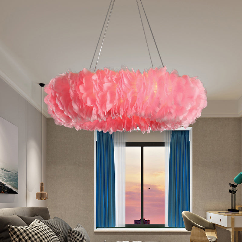 Modern Loop Feather Chandelier - White/Grey/Pink 3/6-Light Ceiling Pendant Lamp 3 / Pink