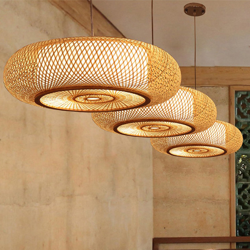 Curved Bamboo Drum Pendant Light, 2/3 Bulbs, 18"/23.5" Wide, Wood Ceiling Hanging Tradition Lighting