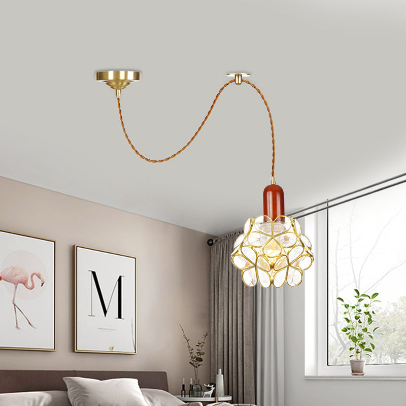 Traditional Gold Suspension Lamp With Wood Top - Flower Clear Water Glass Pendant For Bedroom