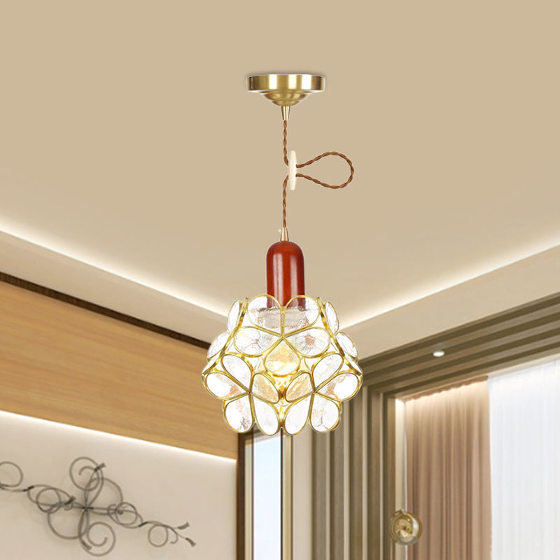 Traditional Gold Suspension Lamp With Wood Top - Flower Clear Water Glass Pendant For Bedroom