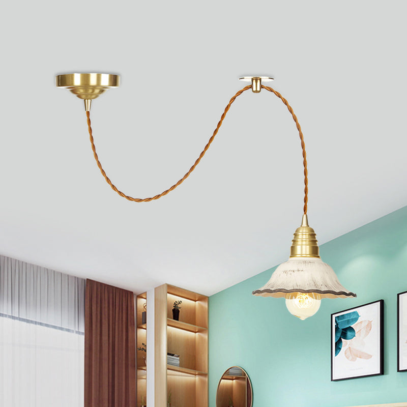 Scalloped Ceramic Pendant Lamp - Traditional Gold Lighting For Living Room Ceiling