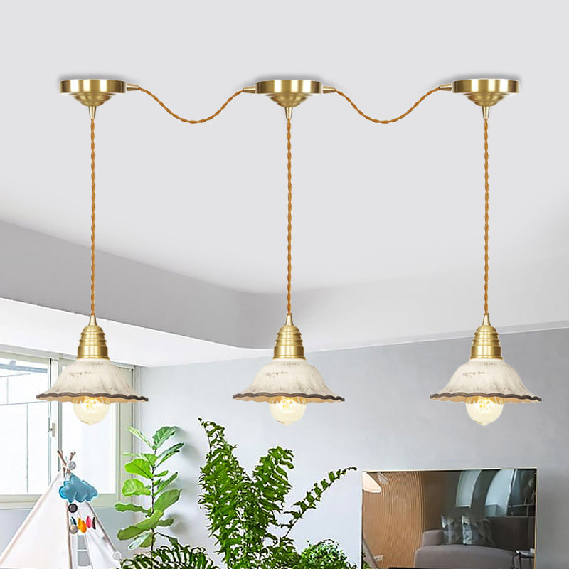 Gold Ceramics Suspension Lamp - Traditional Scalloped Multi-Hanging Light With Series Connection