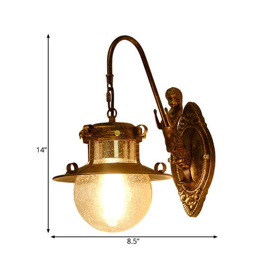 Clear Water Glass Wall Sconce Fixture - Classic 1 Head Dining Room Light With Mermaid Arm In Brass