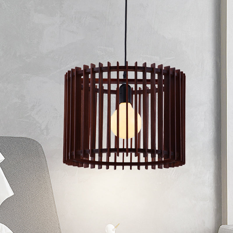 Modern Brown Wood Cylinder Cage Pendant Light - 1 Hanging Lamp Kit