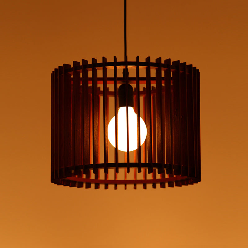 Modern Brown Wood Cylinder Cage Pendant Light - 1 Hanging Lamp Kit