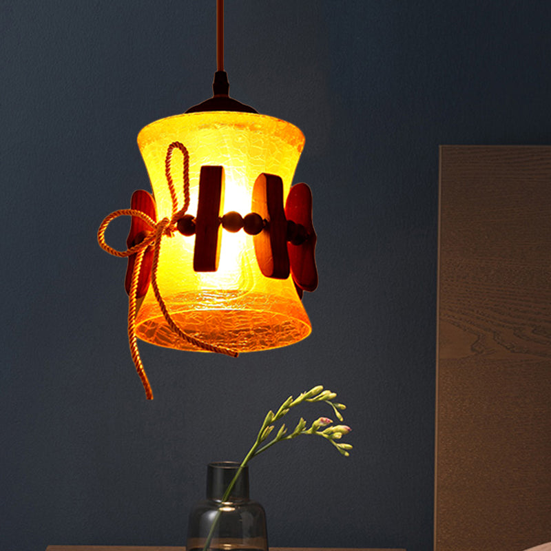 Yellow Crackle Glass Hanging Lamp With Countryside Brown Bell Design - Dining Room Down Lighting