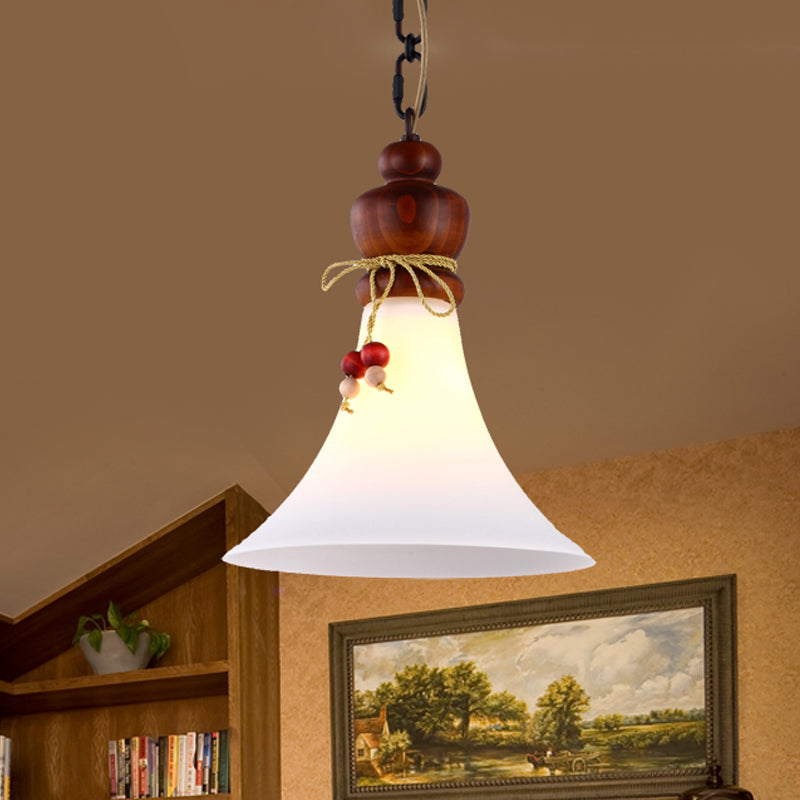 Opal Glass Brown Suspension Lamp: Rustic 1-Light Pendant With Wooden Cap