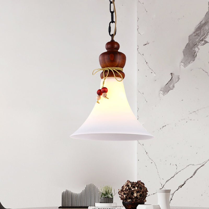 Opal Glass Brown Suspension Lamp: Rustic 1-Light Pendant With Wooden Cap
