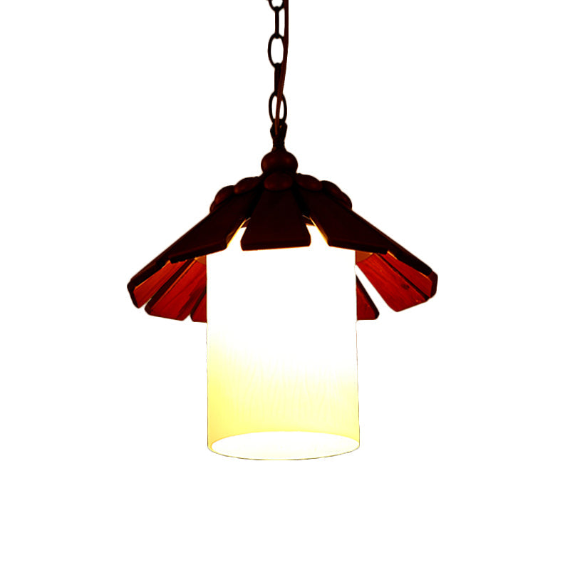 Rustic Hanging Light Kit: Cream Glass Pendant With Wood Shade