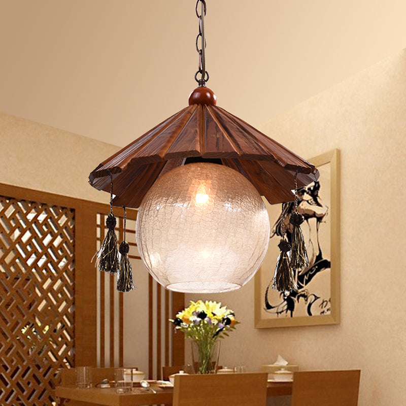 Traditional Brown Wood Ceiling Pendant With Clear Crackle Glass Shade