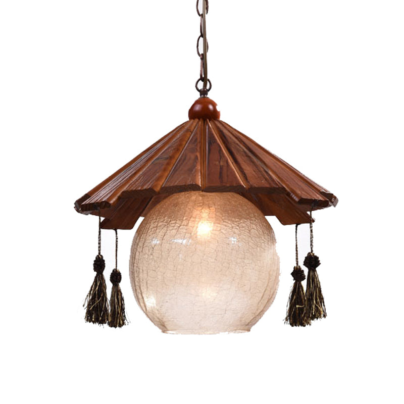 Traditional Brown Wood Ceiling Pendant With Clear Crackle Glass Shade