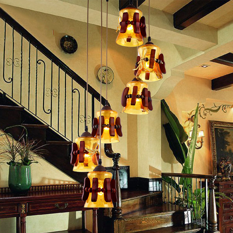 Yellow Crackle Glass Pendant With 6 Classic Lights - Ideal For Restaurant Ceilings In Brown Wood