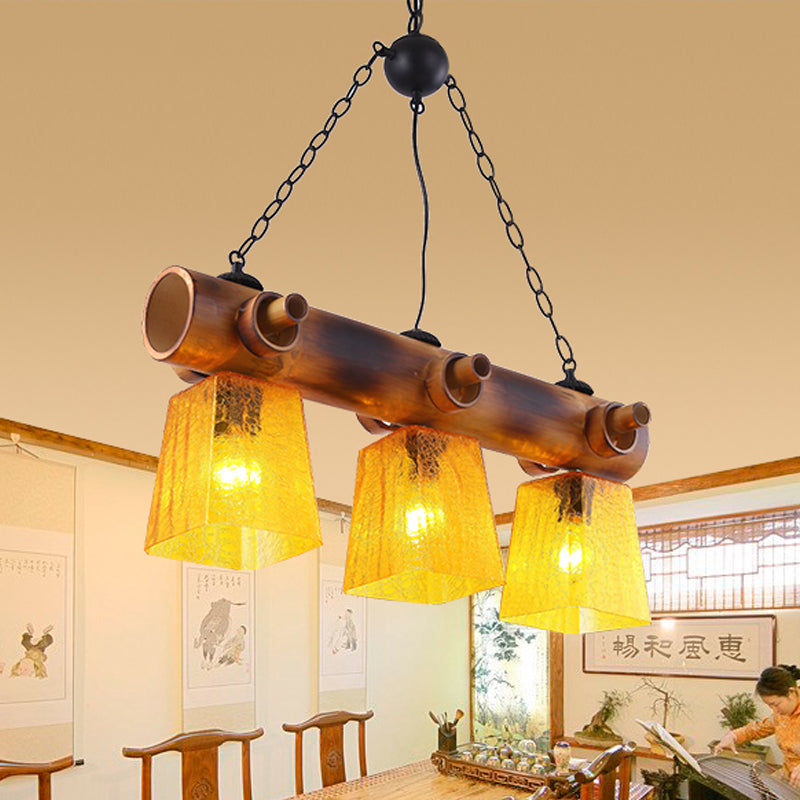 Yellow Trapezoid Island Pendant Light With 3 Bulbs Bamboo Beam - Perfect For Countryside Dining