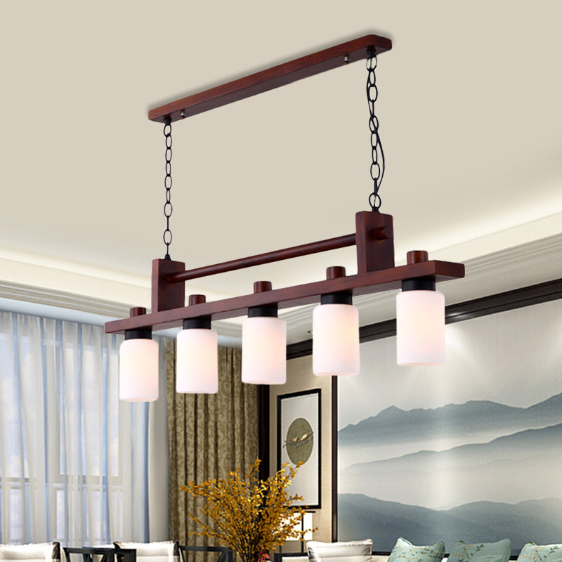 5-Light Island Pendant: Traditional Linear Wood Hanging Light In Brown With Opal Glass Shade