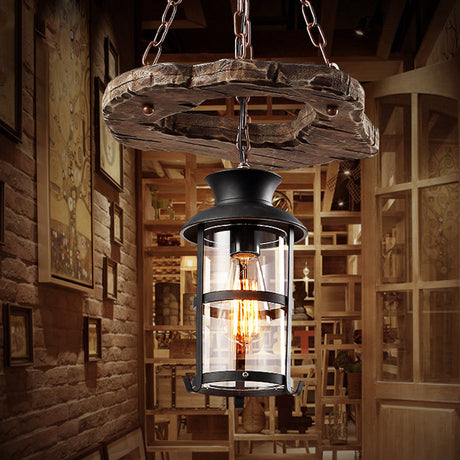 Modern Black Glass Drop Pendant Light With Wood Circle Deco For Dining Room