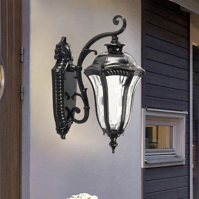 Outdoor Farmhouse Wall Lamp - Black Finish Urn Sconce With Clear Dimpled Glass